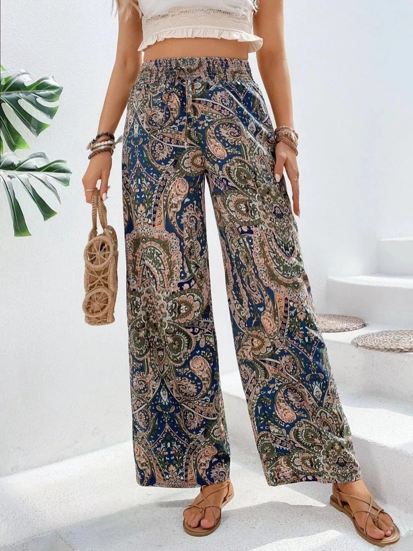 Pantalon Palazzo Femme Imprimé Taille Élastiquée