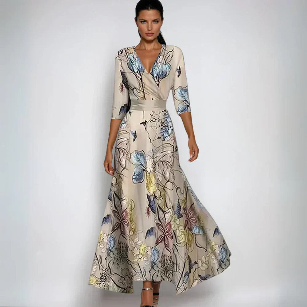 Robe Longue Fleurie Portefeuille à Col V