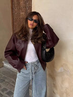 Blouson Effet Cuir Oversize à Fermeture Zippée