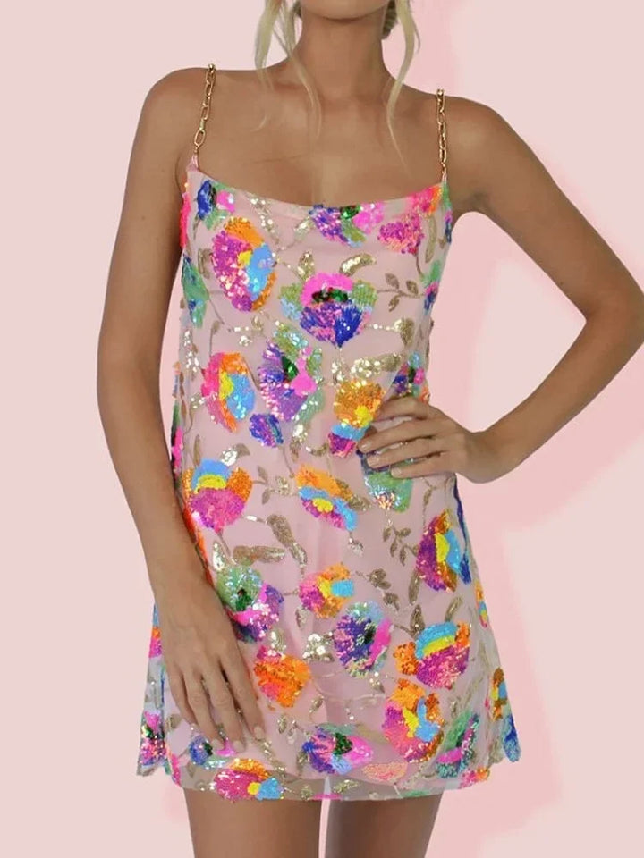 Robe Courte Fleurie à Bretelles Chaîne et Dos Nu