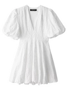 Robe Courte Brodée à Col V et Manches Bouffantes