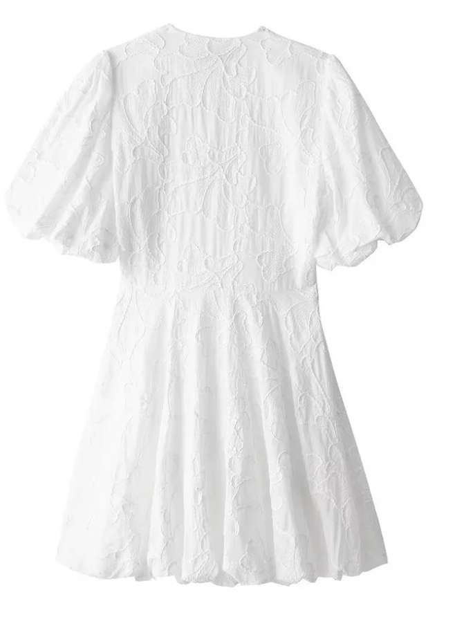 Robe Courte Brodée à Col V et Manches Bouffantes