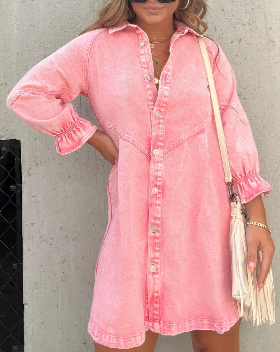 Robe Chemise Courte en Denim à Boutons Pression