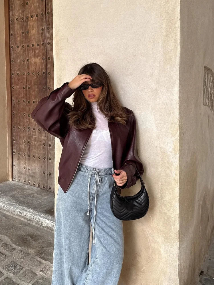 Blouson Effet Cuir Oversize à Fermeture Zippée