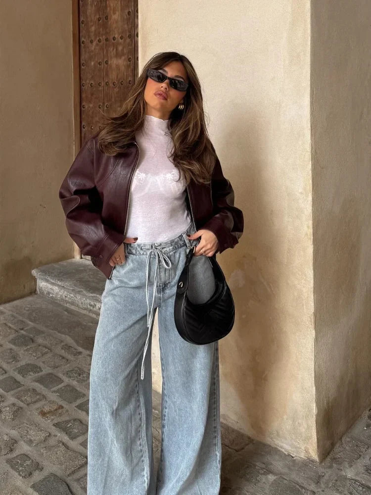 Blouson Effet Cuir Oversize à Fermeture Zippée