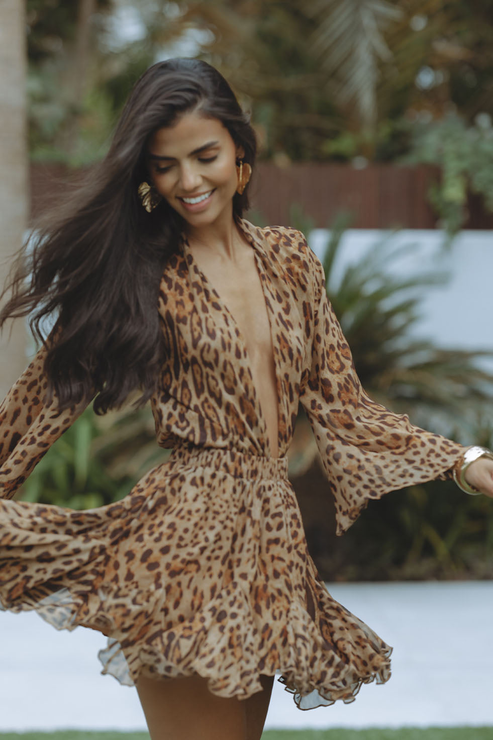 Robe Courte Volantée à Imprimé Animalier