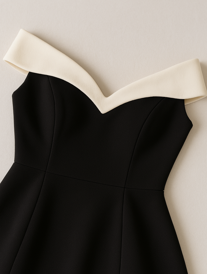 Robe Courte Évasée Bardot à Encolure Contrastée