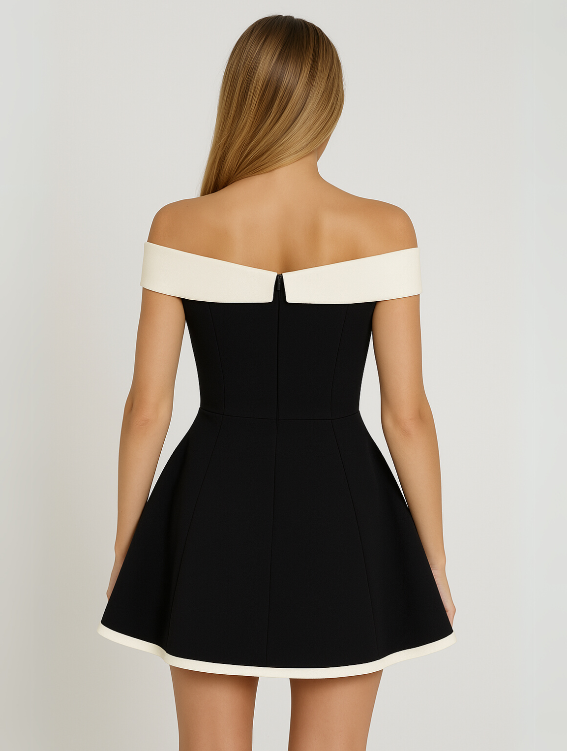 Robe Courte Évasée Bardot à Encolure Contrastée