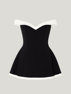 Robe Courte Évasée Bardot à Encolure Contrastée