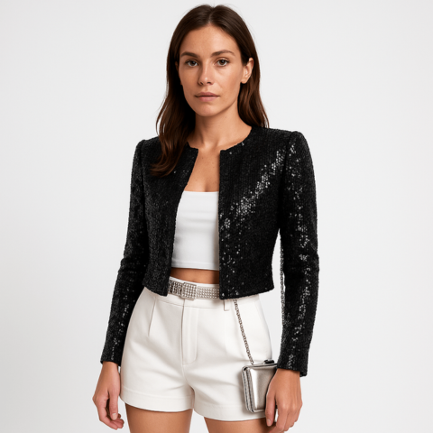 Veste Courte Pailletée à Coupe Ajustée