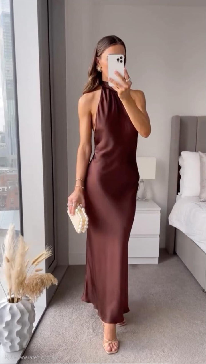 Robe Longue Satinée à Col Noué Dos Nu