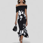 Robe Midi Fleurie à Épaules Dénudées Femme