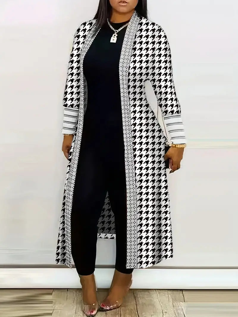 Cardigan Long Femme Motif Pied-de-Poule