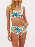 Maillot de Bain Deux Pièces Taille Haute Fleuri Femme