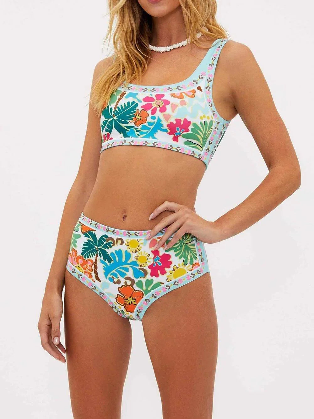 Maillot de Bain Deux Pièces Taille Haute Fleuri Femme