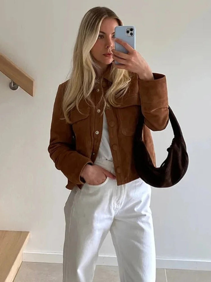 Veste Courte Effet Suédine à Poches Poitrine