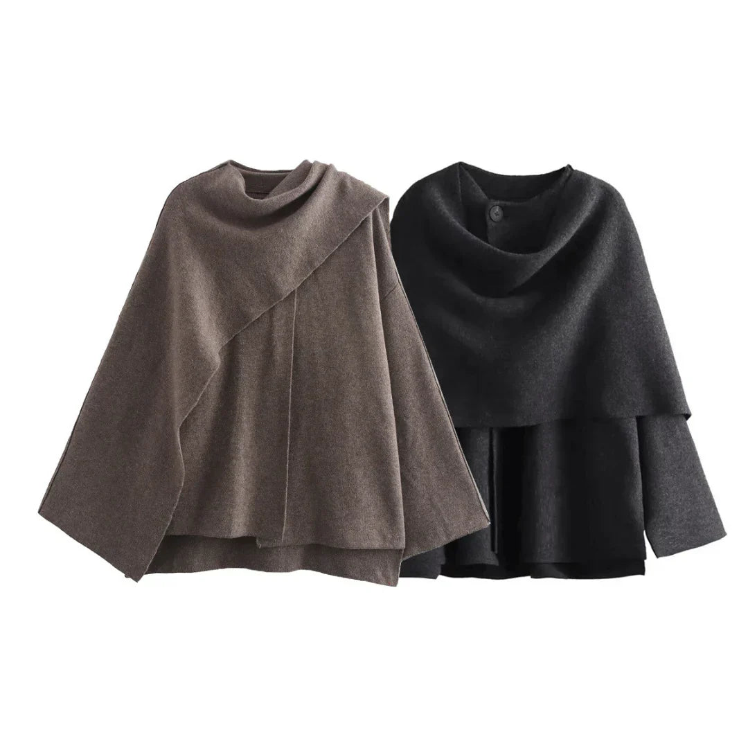 Poncho Drapé à Col Haut en Maille