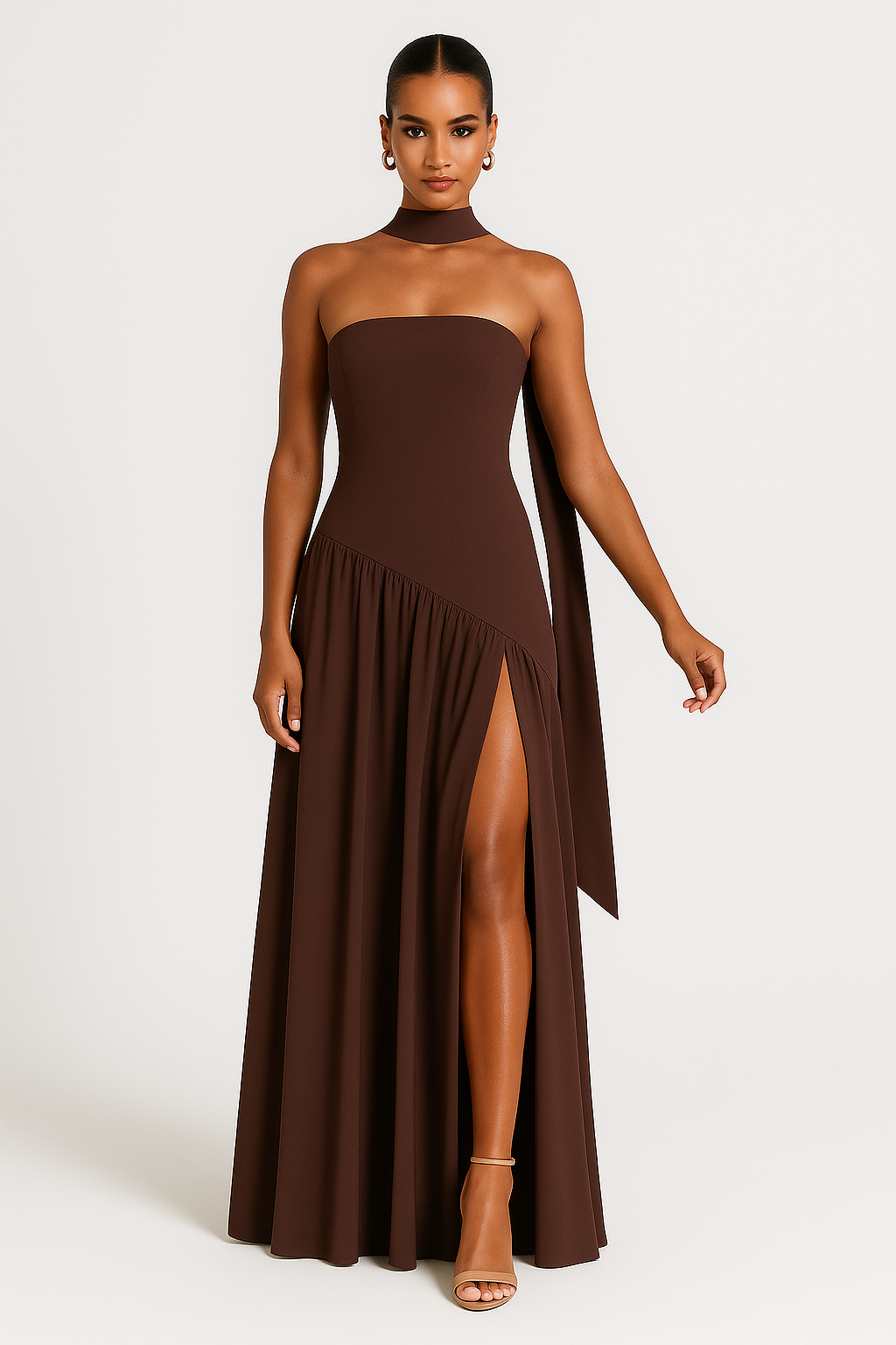 Robe Longue Fendue à Encolure Bandeau