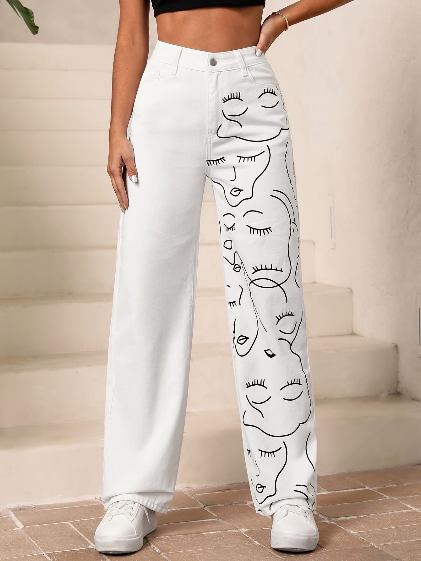 Pantalon Large Bicolore à Imprimé Graphique