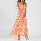 Robe Longue Fleurie à Col V et Manches Volantées