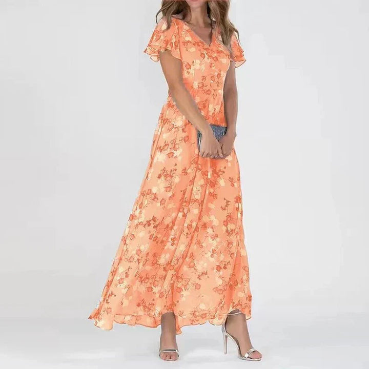 Robe Longue Fleurie à Col V et Manches Volantées