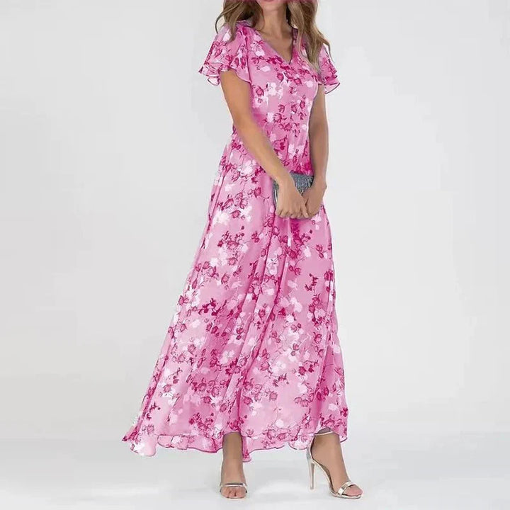 Robe Longue Fleurie à Col V et Manches Volantées