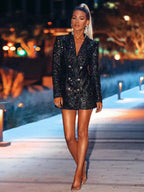 Robe Blazer Courte Pailletée à Double Boutonnage