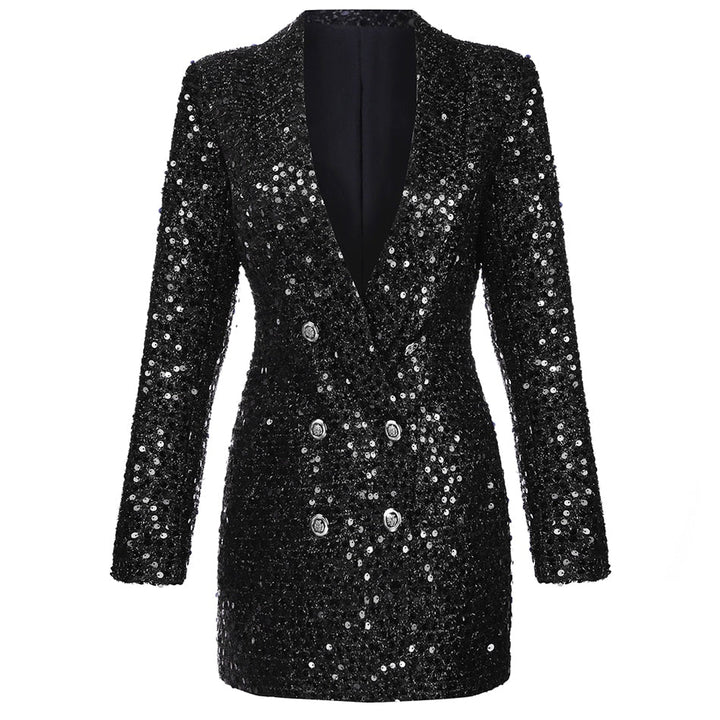 Robe Blazer Courte Pailletée à Double Boutonnage