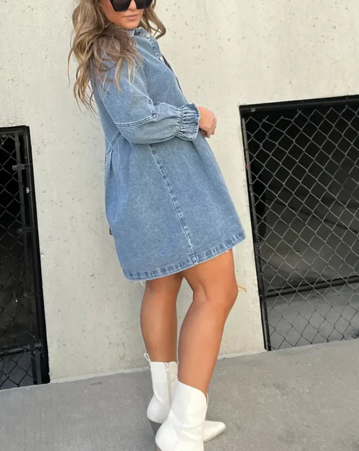 Robe Chemise Courte en Denim à Boutons Pression