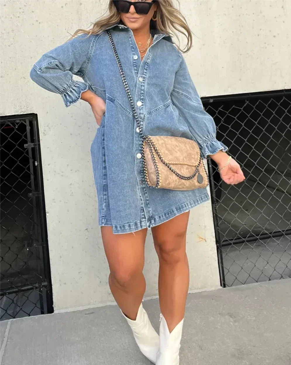 Robe Chemise Courte en Denim à Boutons Pression