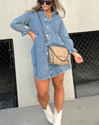 Robe Chemise Courte en Denim à Boutons Pression