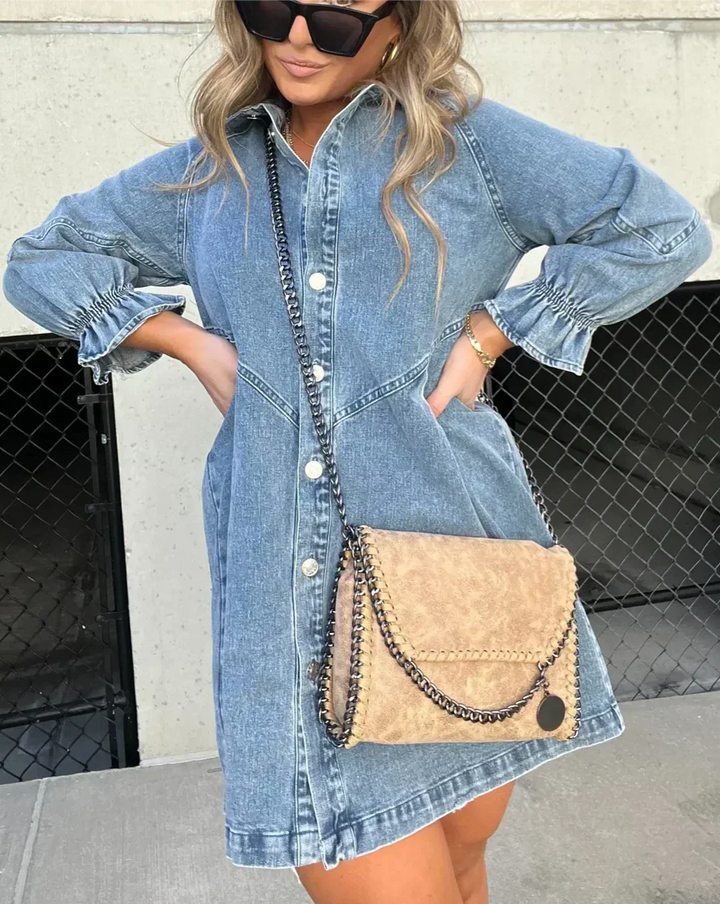 Robe Chemise Courte en Denim à Boutons Pression