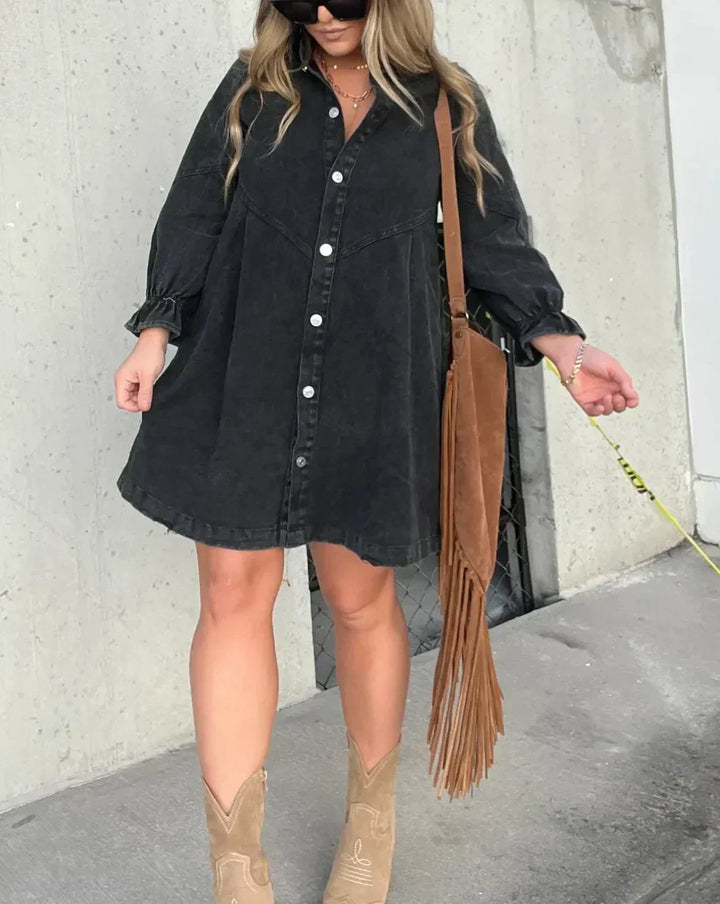Robe Chemise Courte en Denim à Boutons Pression