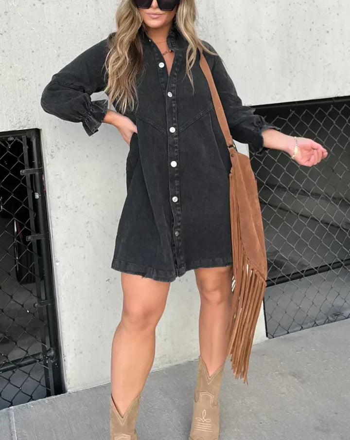 Robe Chemise Courte en Denim à Boutons Pression