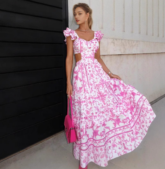 Robe Longue Fleurie à Volants et Décolleté V