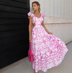 Robe Longue Fleurie à Volants et Décolleté V