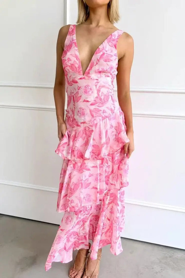 Robe Longue Volantée à Imprimé Floral