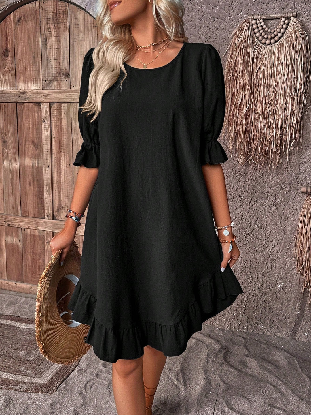 Robe Courte Ample à Volants et Manches Froncées