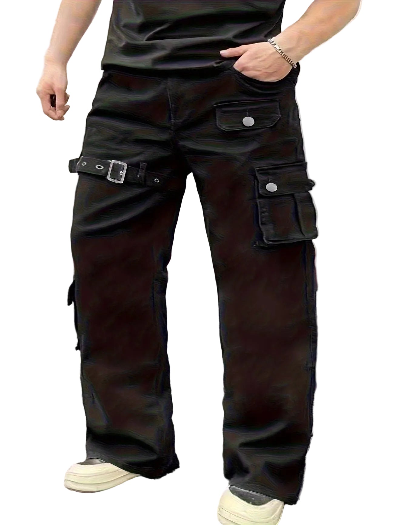 Pantalon cargo pour homme à jambe droite avec sangle décorative