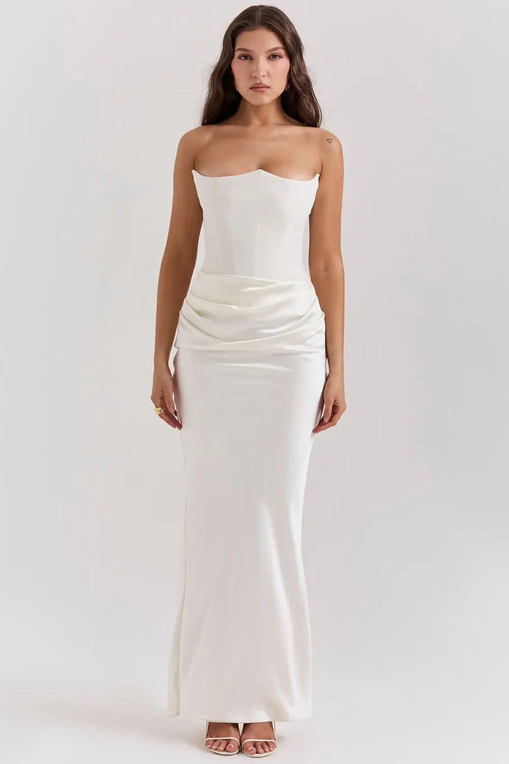 Robe Longue Bustier Drapée à Coupe Ajustée