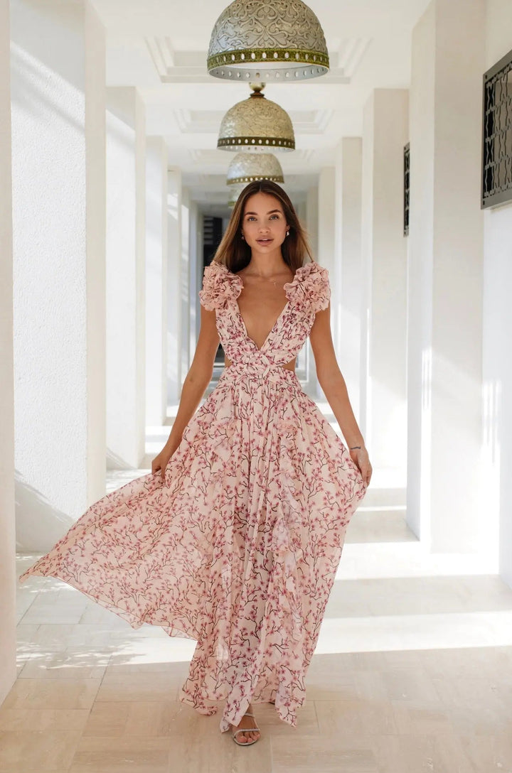 Robe Longue Fleurie à Volants et Décolleté V