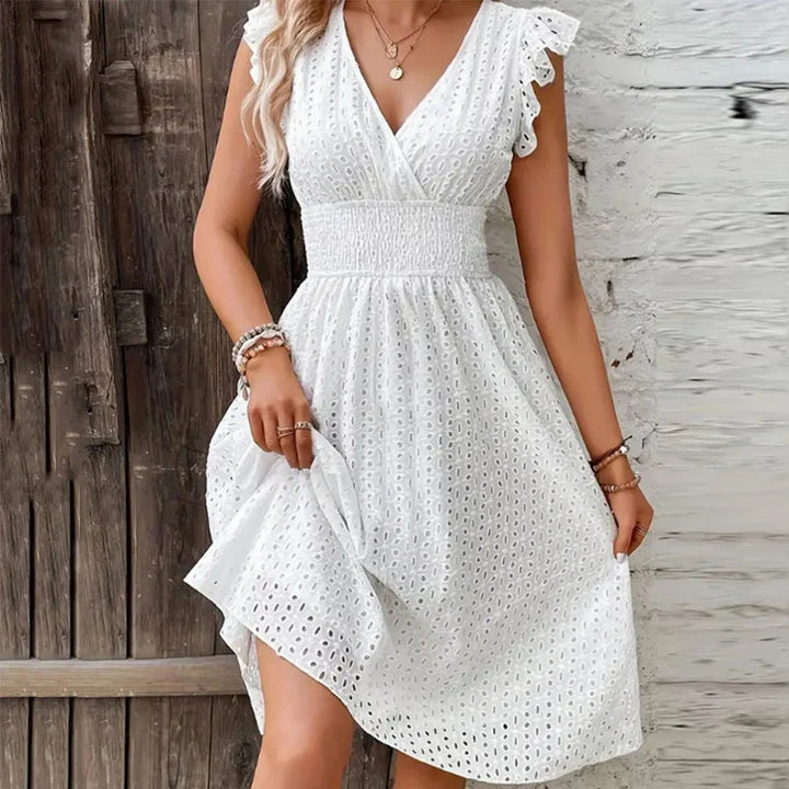 Robe Midi Brodée à Col V Femme