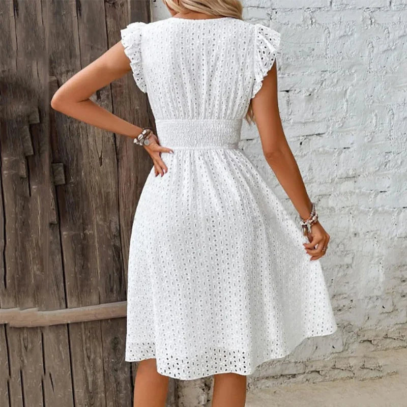 Robe Midi Brodée à Col V Femme