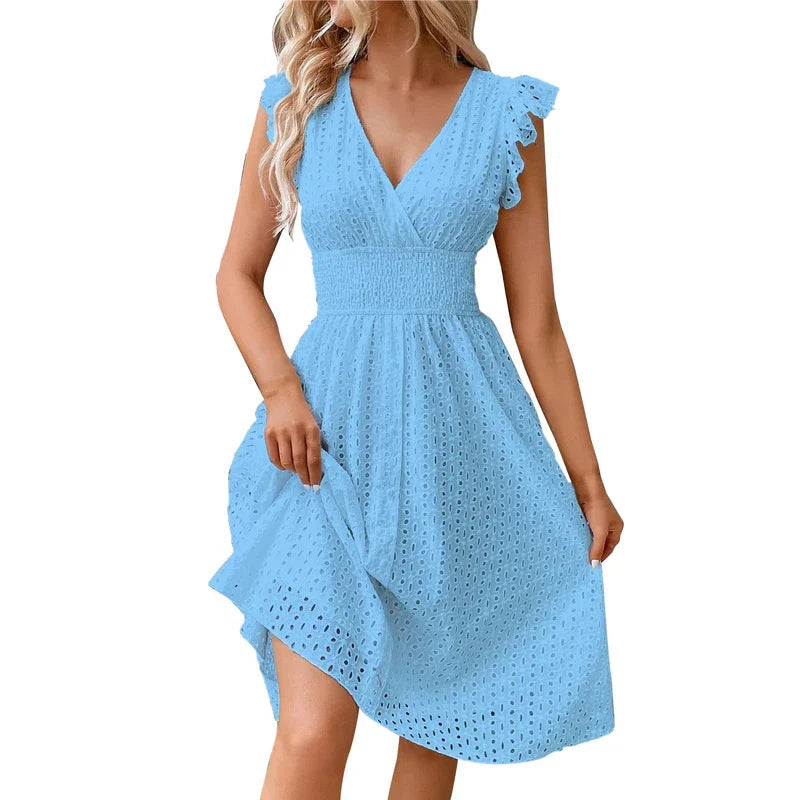 Robe Midi Brodée à Col V Femme