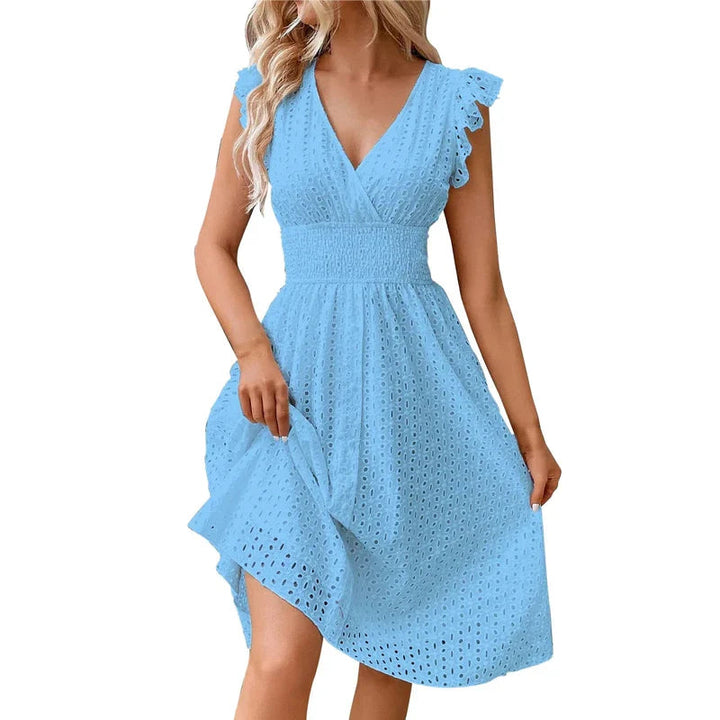 Robe Midi Brodée à Col V Femme