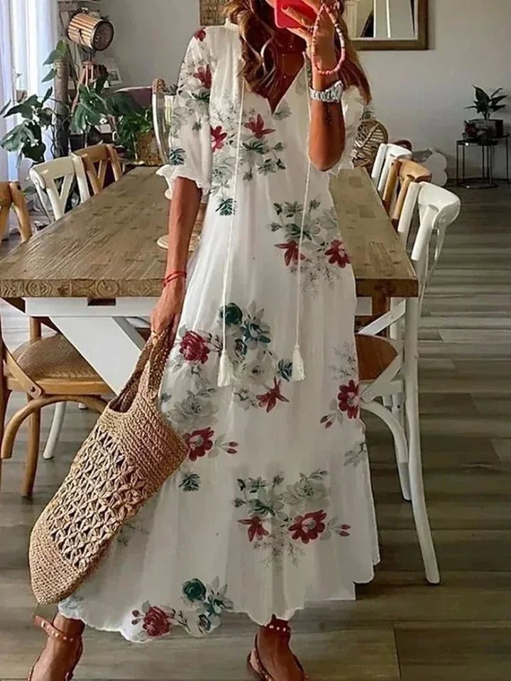 Robe Longue Fleurie à Col V Femme