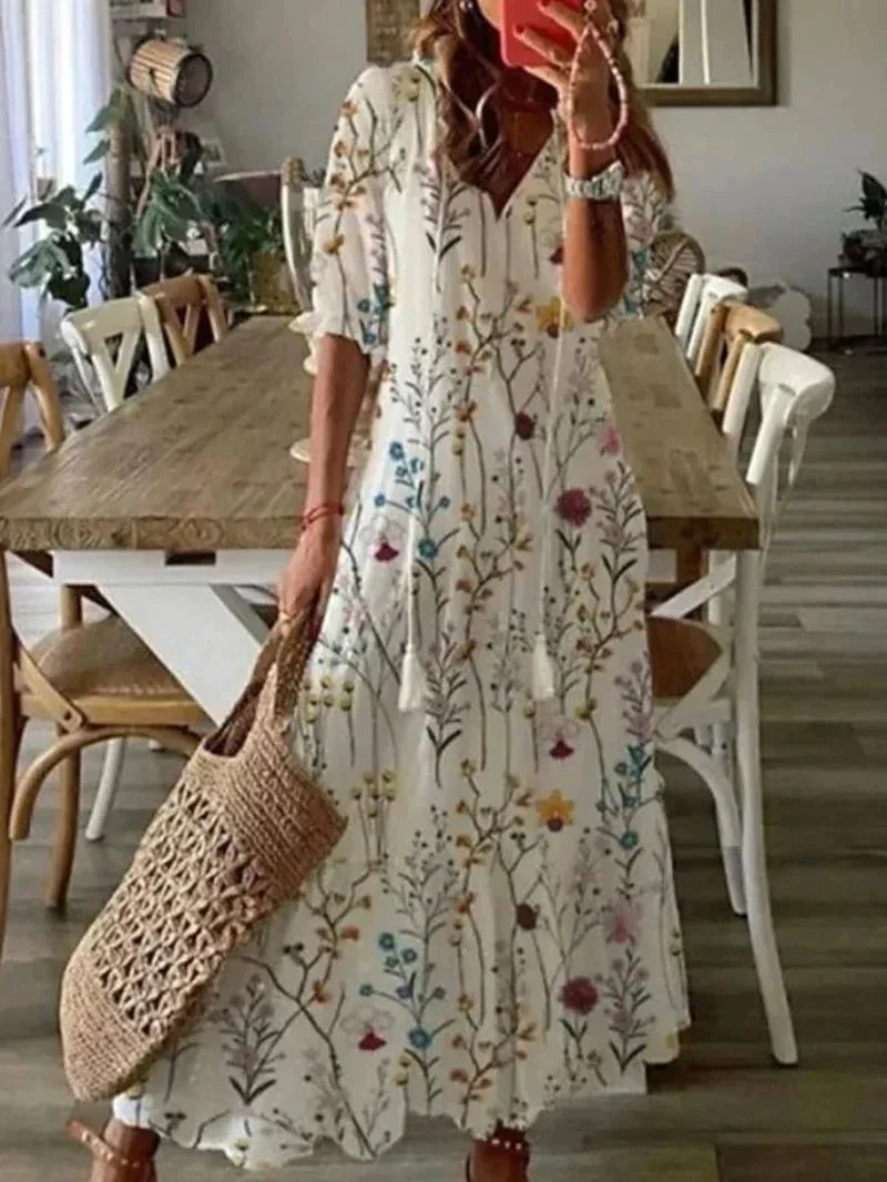 Robe Longue Fleurie à Col V Femme