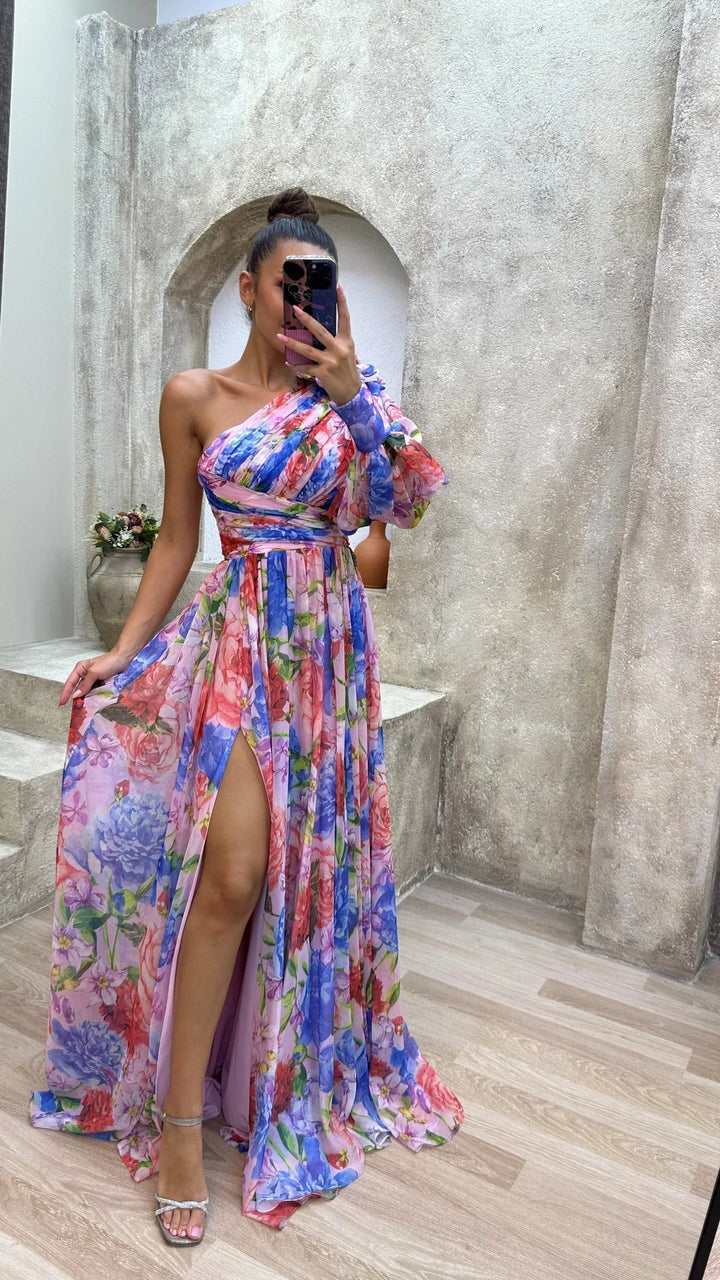 Robe Longue Fleurie Asymétrique Femme