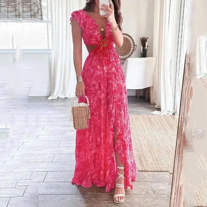 Robe Longue Fleurie à Col V Femme