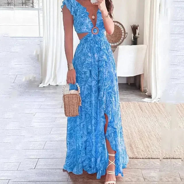 Robe Longue Fleurie à Col V Femme